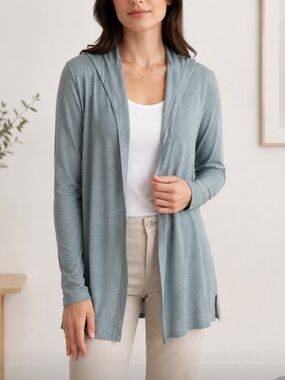 Tahari 100 % Linen Seafoam Open-Front Hooded Cardigan